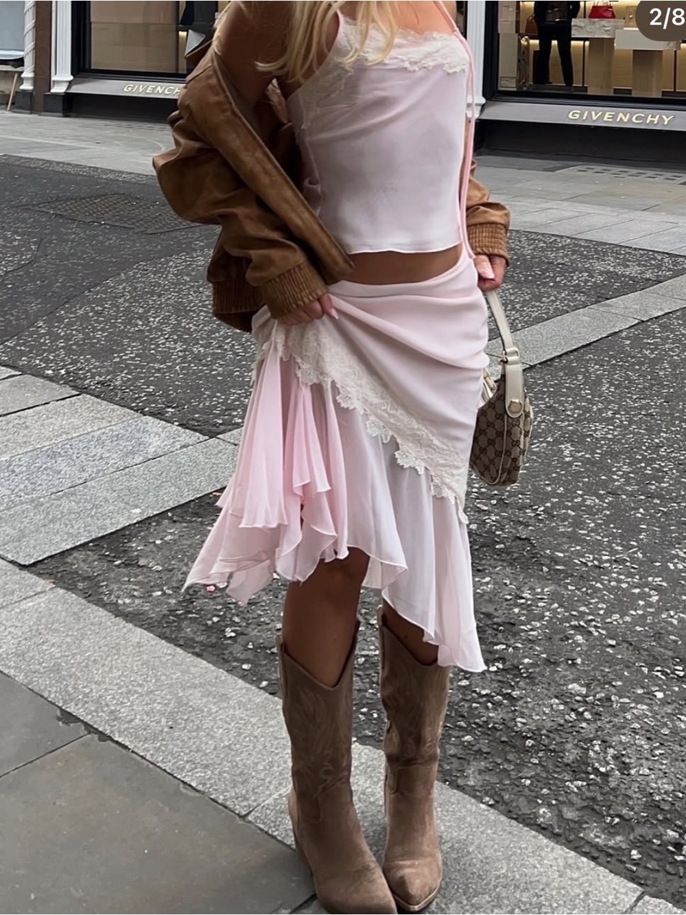Blush Pink Lace Trim Handkerchief Hem Skirt